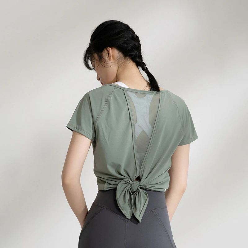 lulu原厂宽松运动t恤女薄款网纱瑜伽服跑步健身上衣绑带速干衣夏