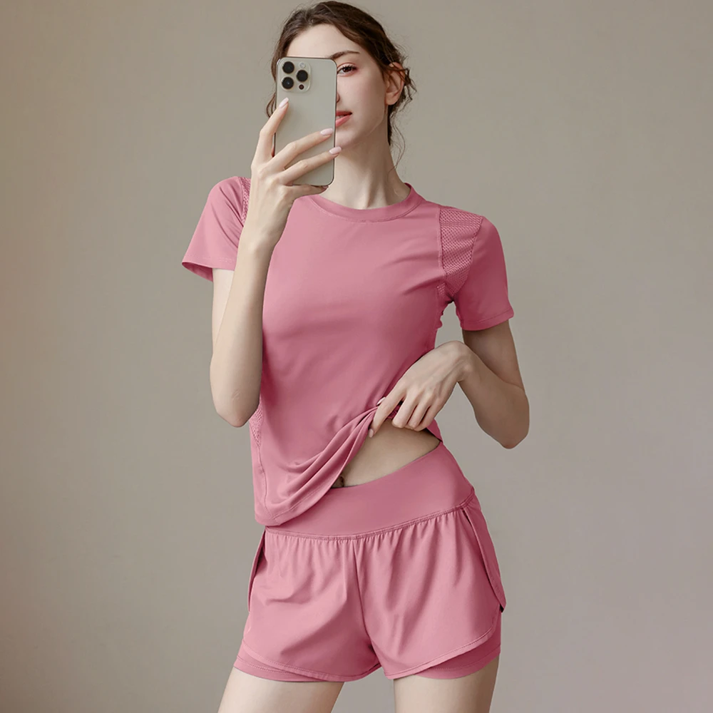 夏季跑步运动套装女大码瑜伽服套装透气速干衣短袖短裤健身两件套