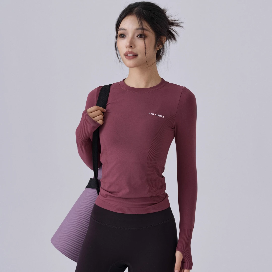 瑜伽服女圆领上衣秋冬新款普拉提修身健身服长袖跑步运动速干T恤