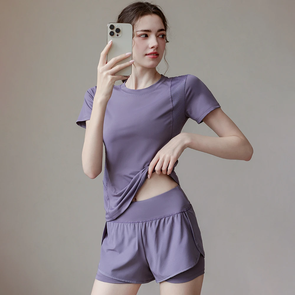 夏季跑步运动套装女大码晨跑健身衣套装透气速干衣短袖短裤两件套