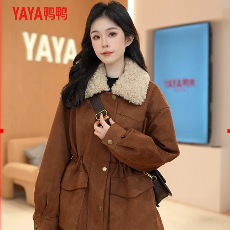 YAYA/鸭鸭时尚新款百搭女士休闲收腰冬季保暖羽绒服外套中长款