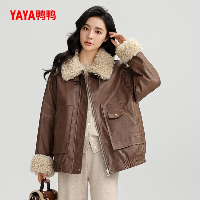 YAYA/鸭鸭羽绒服翻领百搭毛领时尚休闲鸭绒皮衣夹克外套保暖新款