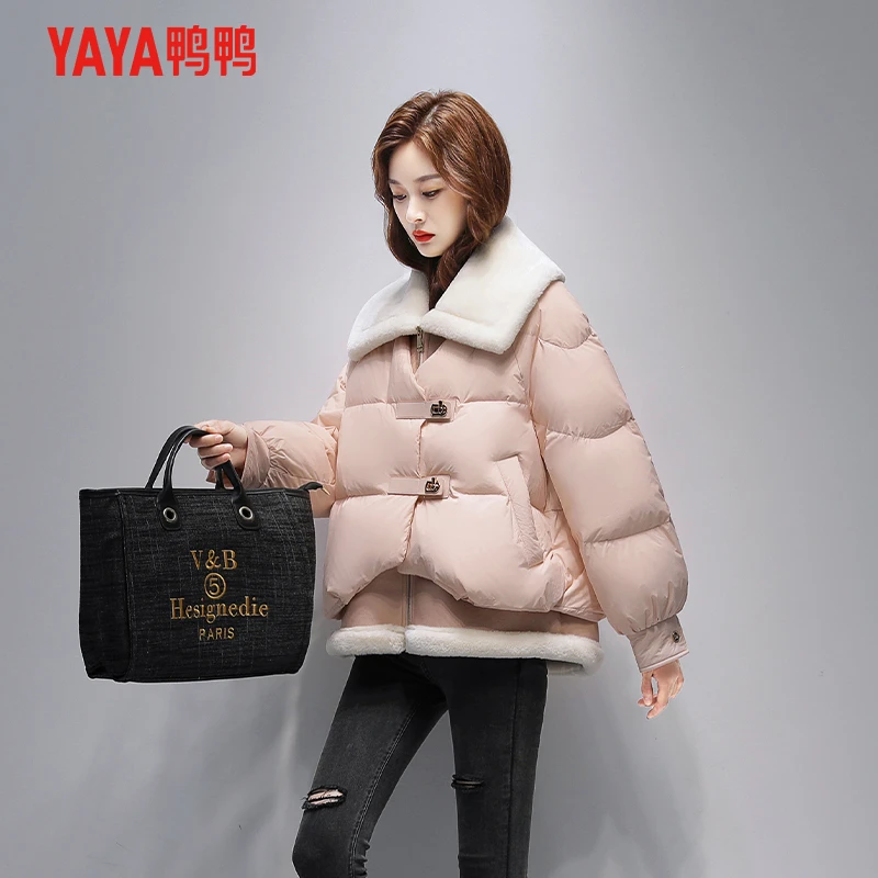 YAYA/鸭鸭假两件羽绒服女2023新款时尚立领小个子休闲保暖外套女
