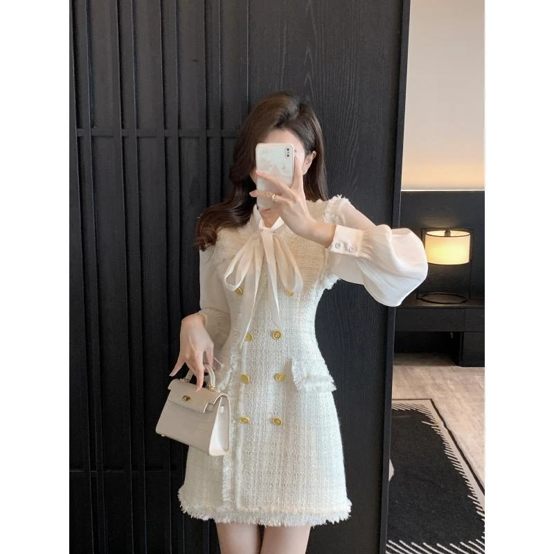 新款名媛气质高级感小个子收腰裙子法式小香风连衣裙女秋冬装