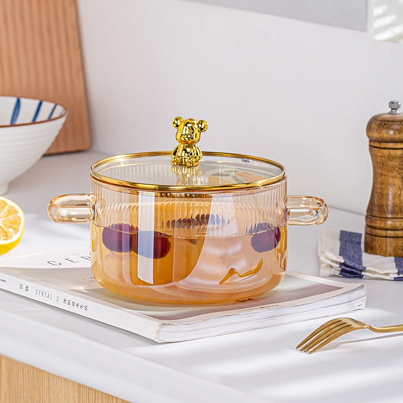 金色高硼硅耐高温玻璃汤锅可电陶炉玻璃锅煮面锅带盖家用火锅奶锅