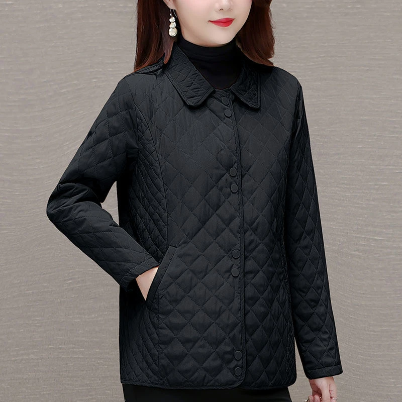 菱形棉服外套女2024秋冬新款中年妈妈大码宽松显瘦减龄翻领棉衣女