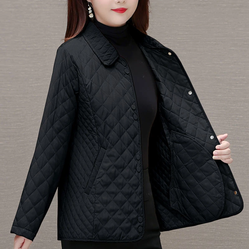 菱形棉服外套女2025秋冬新款中年妈妈大码宽松显瘦减龄翻领棉衣女