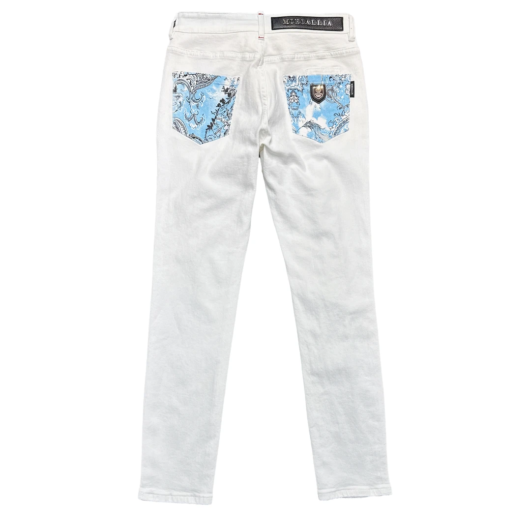 正品MIRIALLIA男款新款M8816贵族男款白色时尚破洞修身潮流牛仔裤