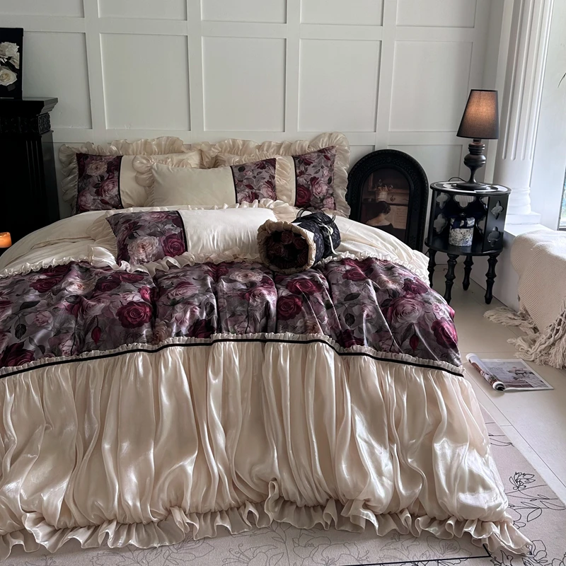 兴选法式复古四件套100支长绒棉油画风被套褶皱花边全棉裸睡床品