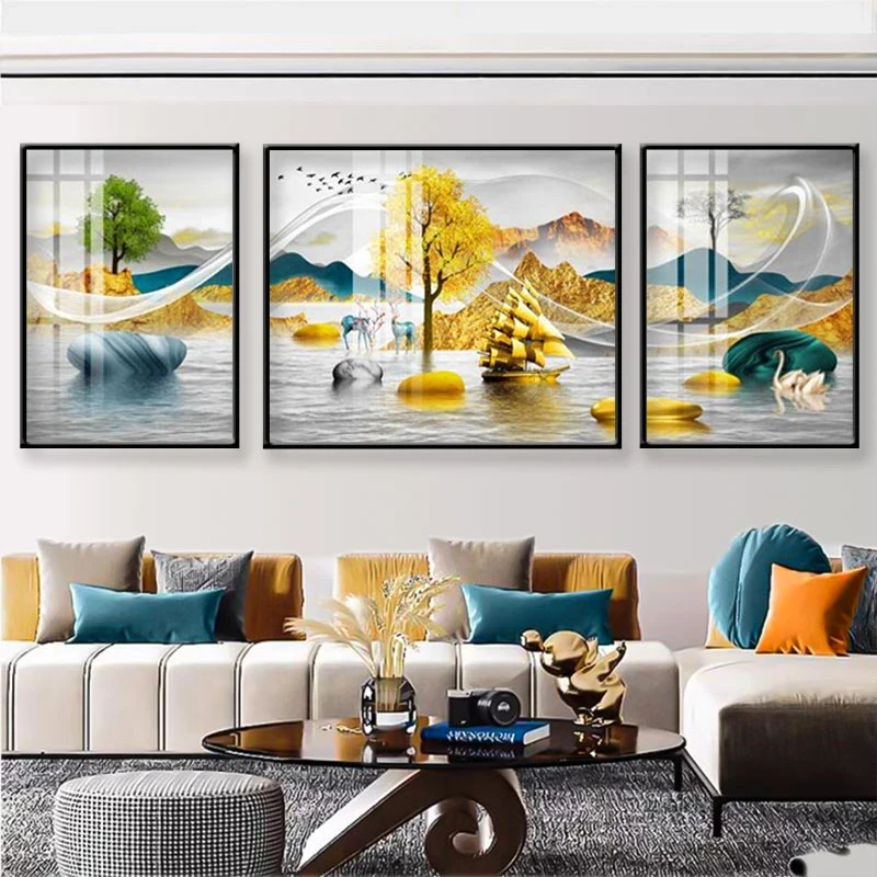 【观山】新款轻奢客厅装饰画大气山水画中式高端挂画金树三联70200
