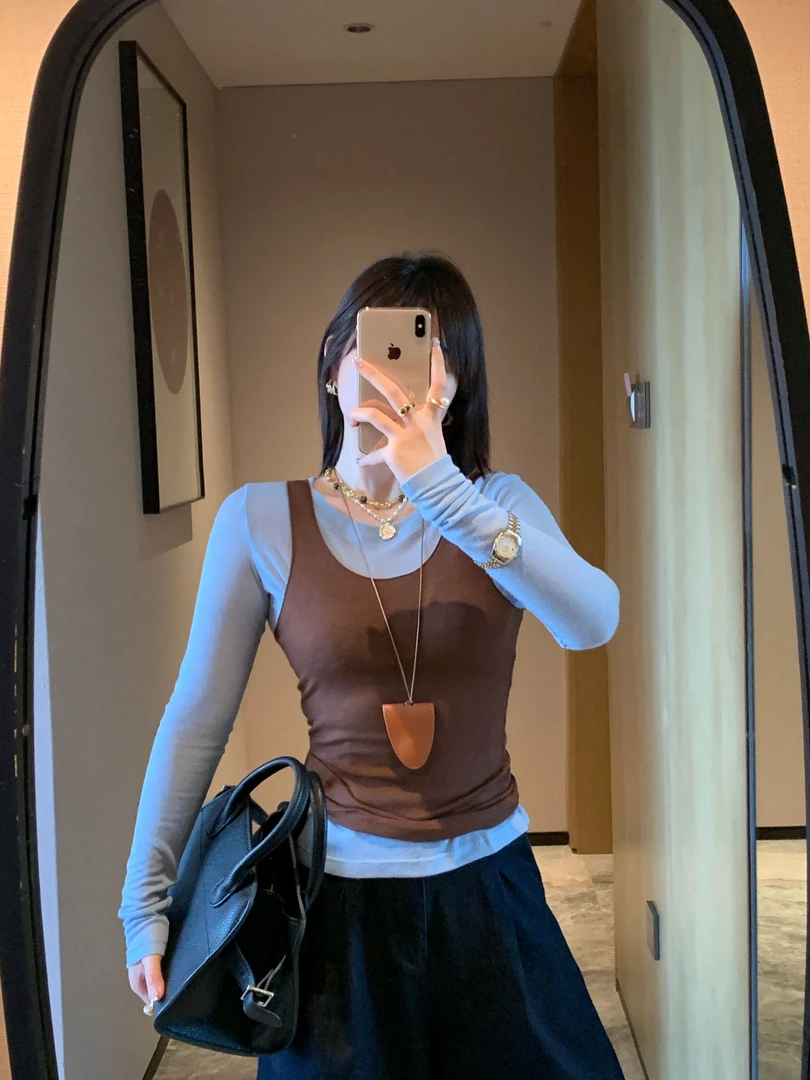 叠穿真两件韩系时尚T恤上衣休闲洋气修身显瘦拼色背心T上班族