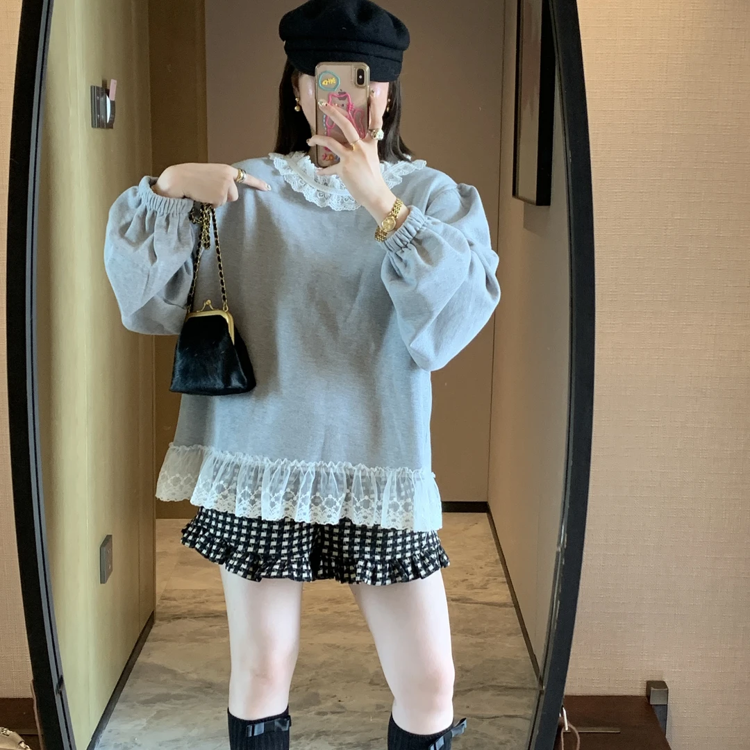 加绒韩版甜美减龄蕾丝网纱拼接卫衣简约休闲百搭宽松秋季上衣