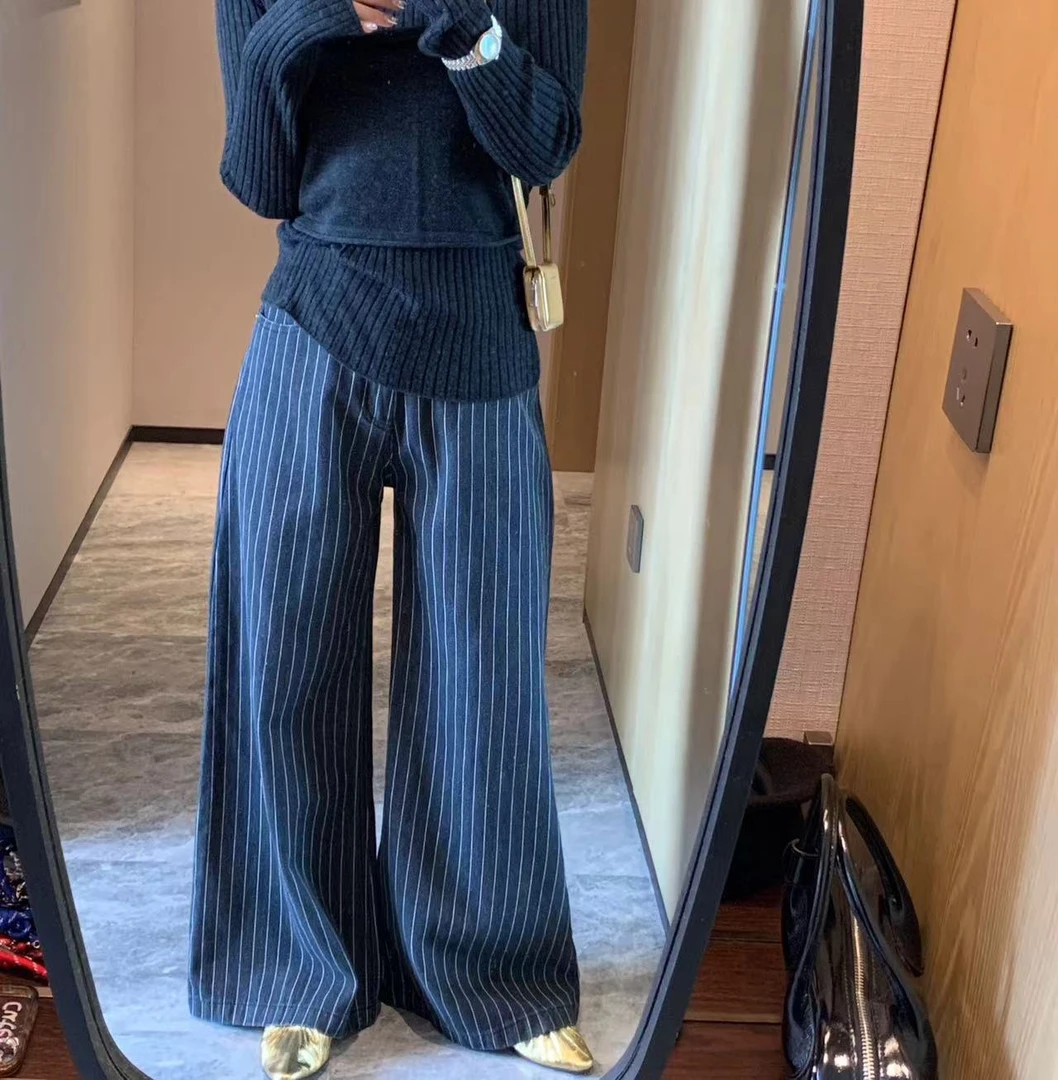 竖条纹通勤时尚韩版牛仔裤休闲气质OL裤子宽松百搭复古职场长裤