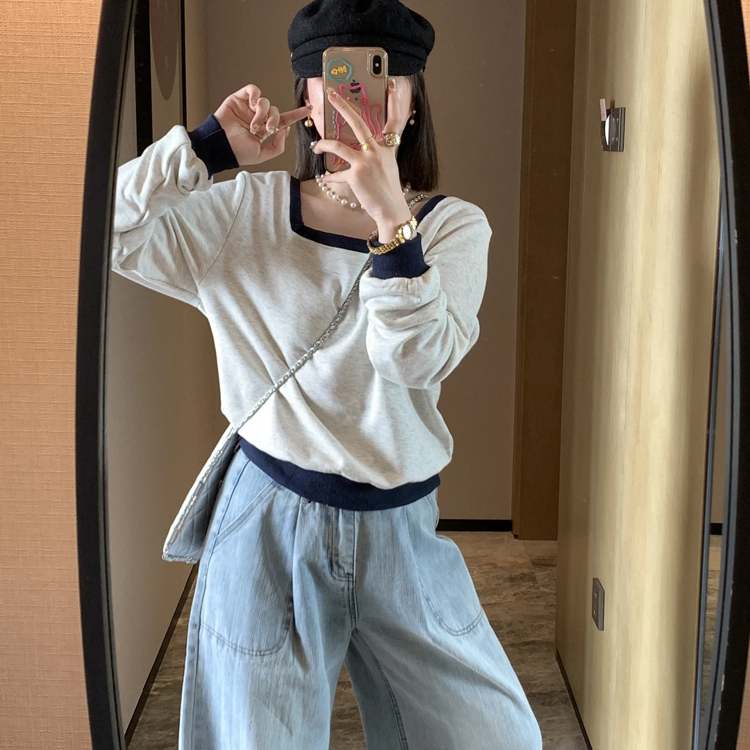 简约休闲拼色U领百搭卫衣秋季韩版时尚宽松混色套头上衣