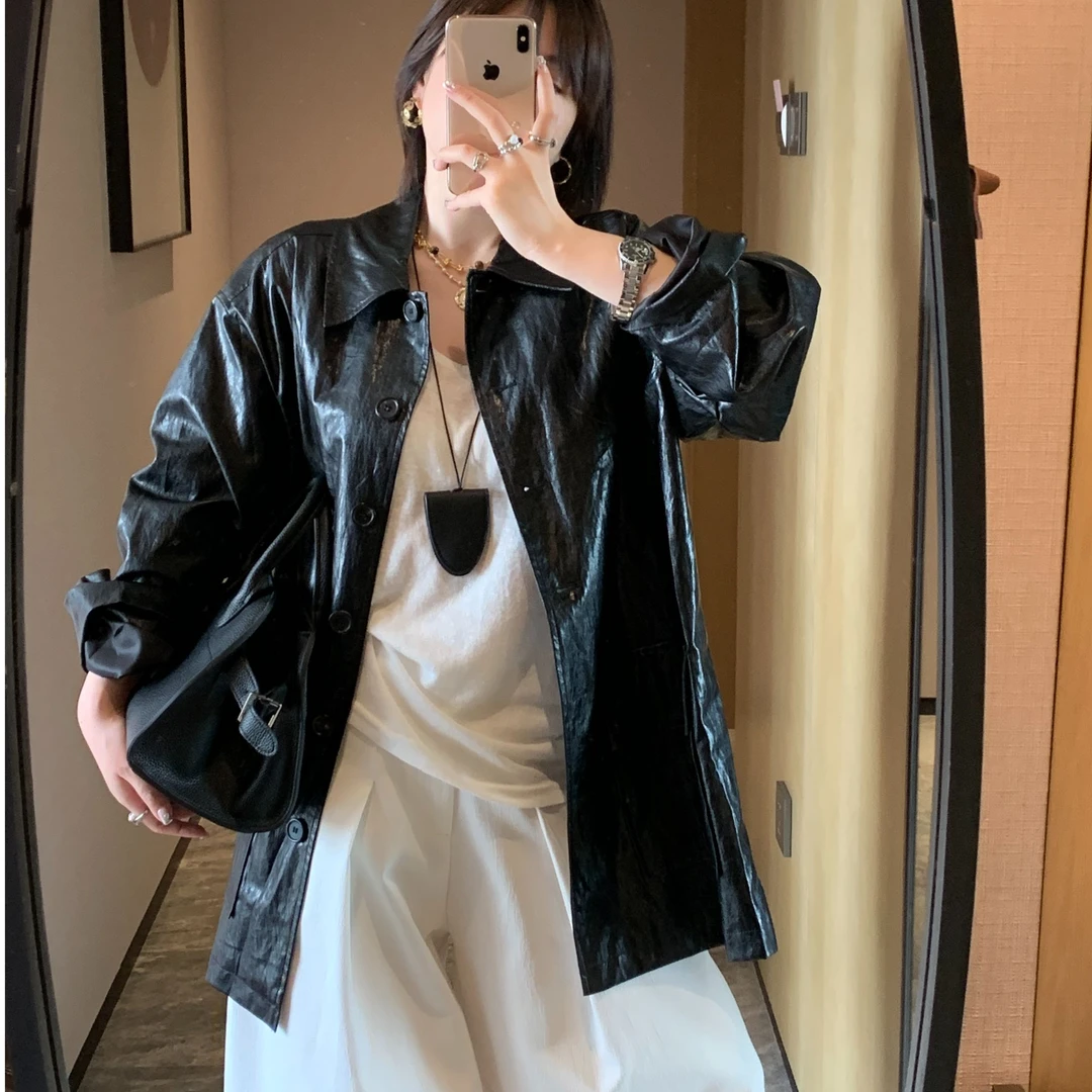 气质长款时尚宽松复古亮面皮衣女外套机车街头休闲韩版秋季皮夹克