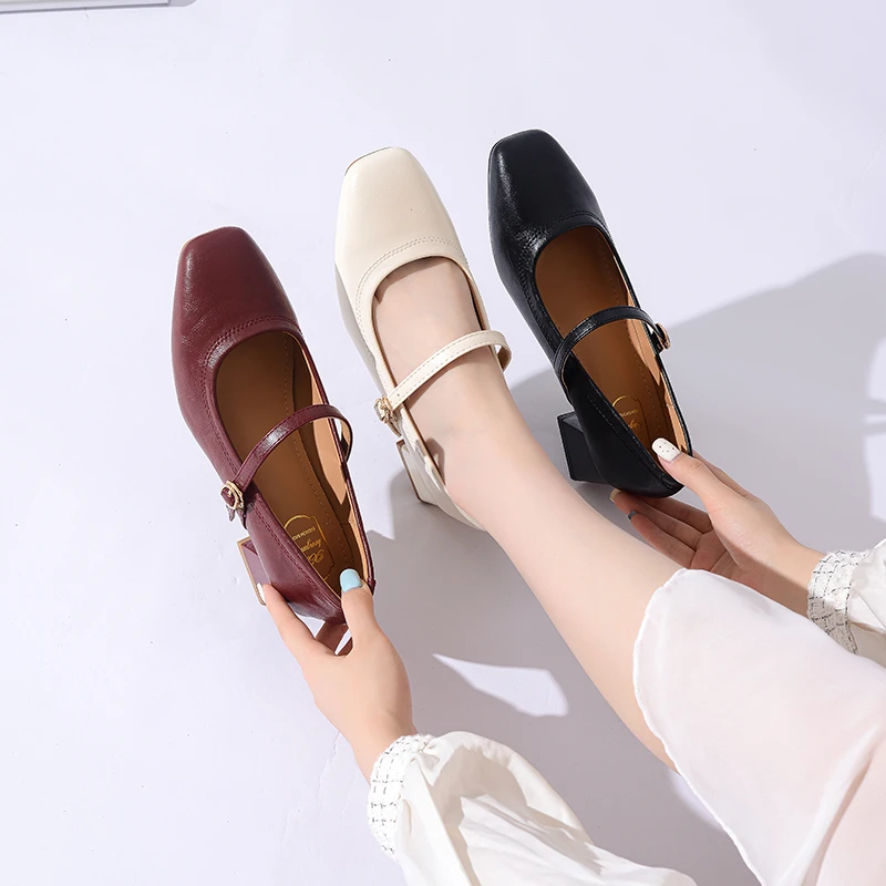 羊皮法式玛丽珍女鞋粗跟一字扣带单鞋配裙子方头高跟鞋3--5厘米