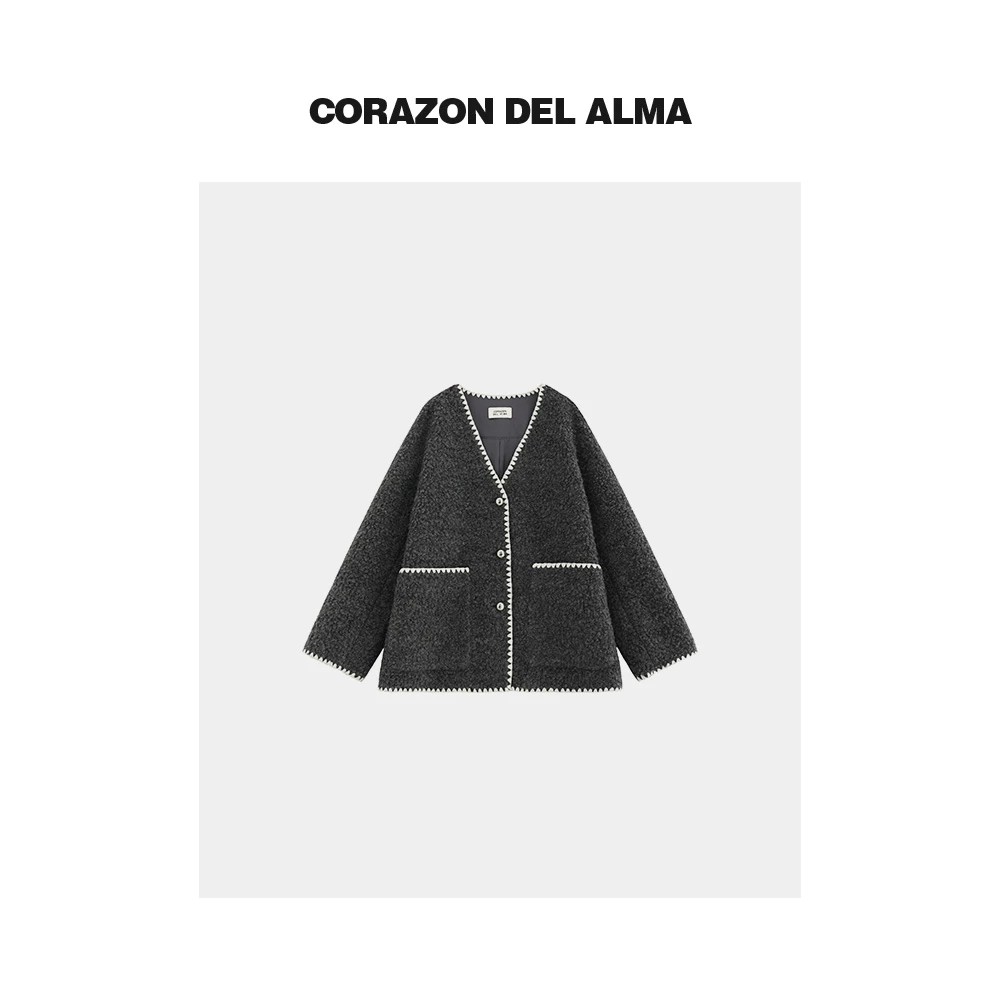 【格调】高定绵羊毛圈圈呢贝壳绣V领显瘦撞色小香风宽松外套-132NJ