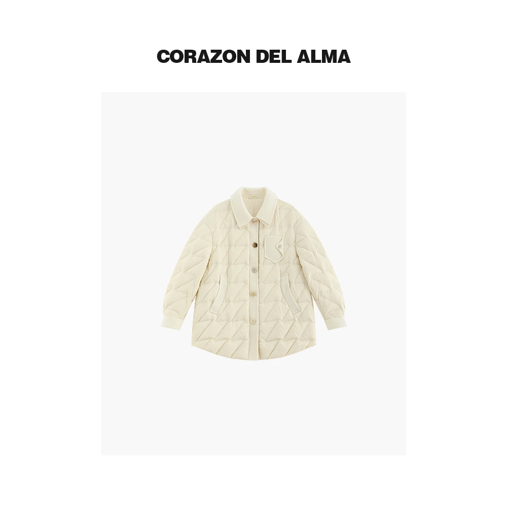 【米糕】时髦异型菱格双面呢拼接翻领白鸭绒宽松廓形羽绒服-714