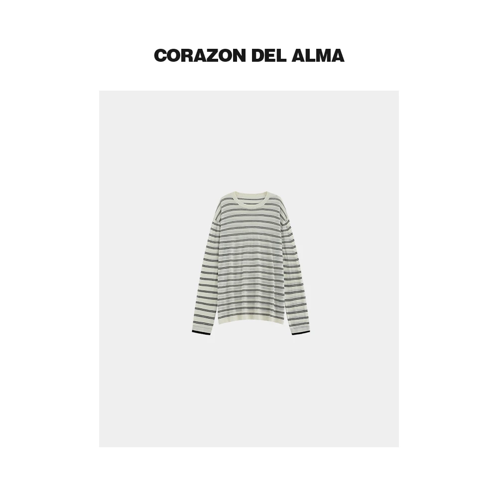 【闲暇】必入超细100羊毛可水洗宽松垂坠细条纹百搭圆领针织衫-AW99