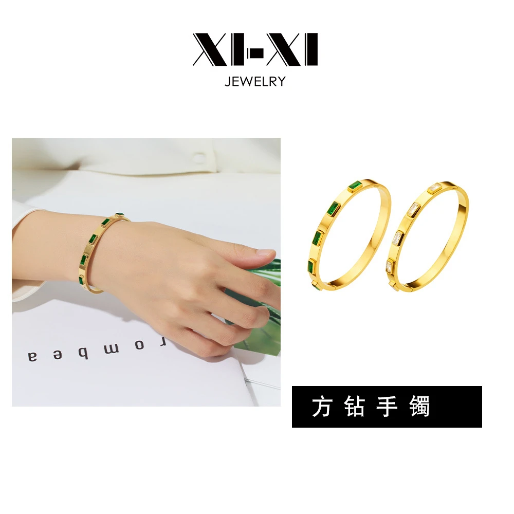 钛钢仿水晶手镯 复古方钻钛钢小众ins时尚锆石不锈钢金色手镯女