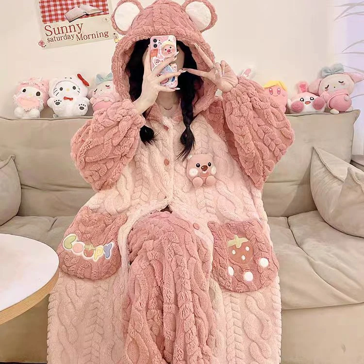 女士珊瑚绒睡衣秋冬季加绒加厚睡袍套装冬季法兰绒保暖卡通家居服
