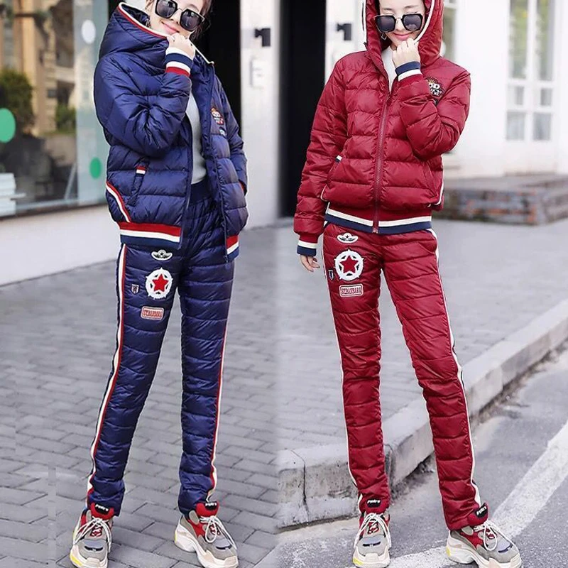 韩版连帽减龄保暖棉服套装女冬季新款时尚加厚长裤休闲运动两件套