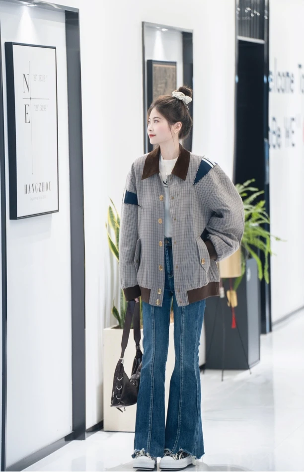 JR上衣｜美式翻领拼接设计感格纹外套JWFBAM098322