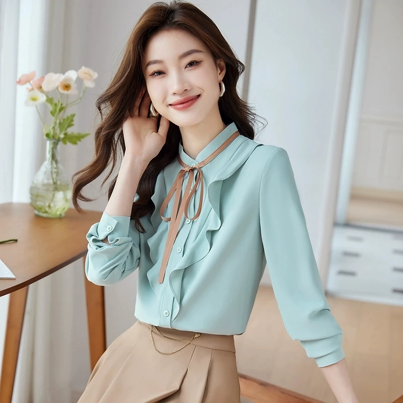 白色雪纺衬衫女春秋新款花边领衬衣法式独特别致女士小上衣工作服