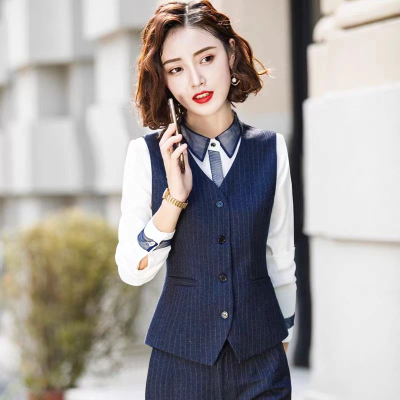 条纹马甲套装女酒店商务工装时尚气质工作服正装背心职业西装马夹