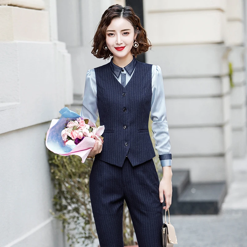 春秋新款职业套装女条纹马甲时尚气质名媛背心西装坎肩正装工作服