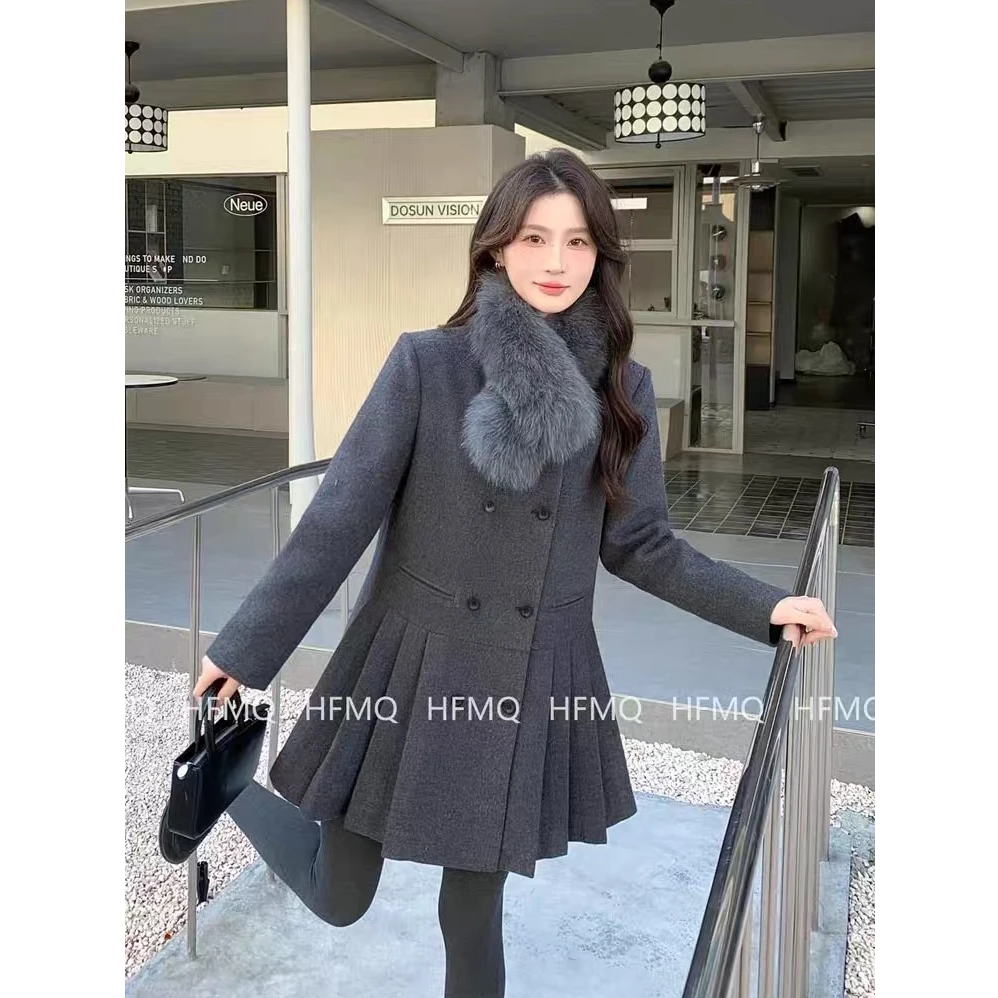 胖佳定制~秋冬新款加厚毛呢大码外套女装小香风气质百褶连衣裙