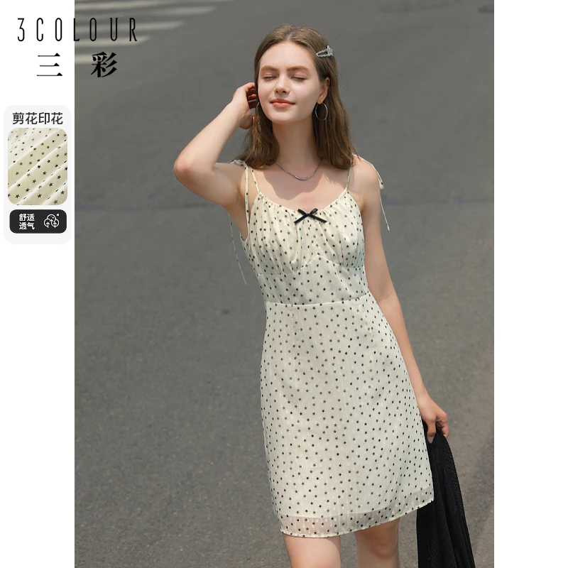 三彩独醒2024秋季新款星星吊带裙雪纺剪花连衣裙无袖A字裙短裙女
