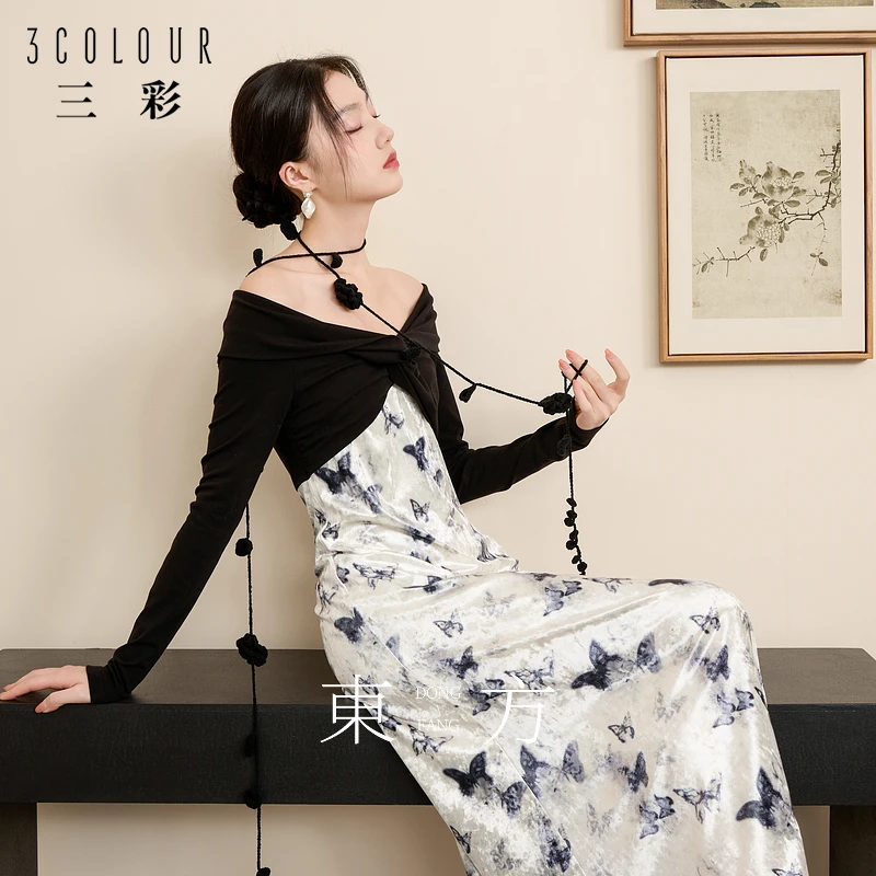 三彩【陌上蝶飞】2024冬季新款新中式连衣裙丝绒假两件长裙浪漫女