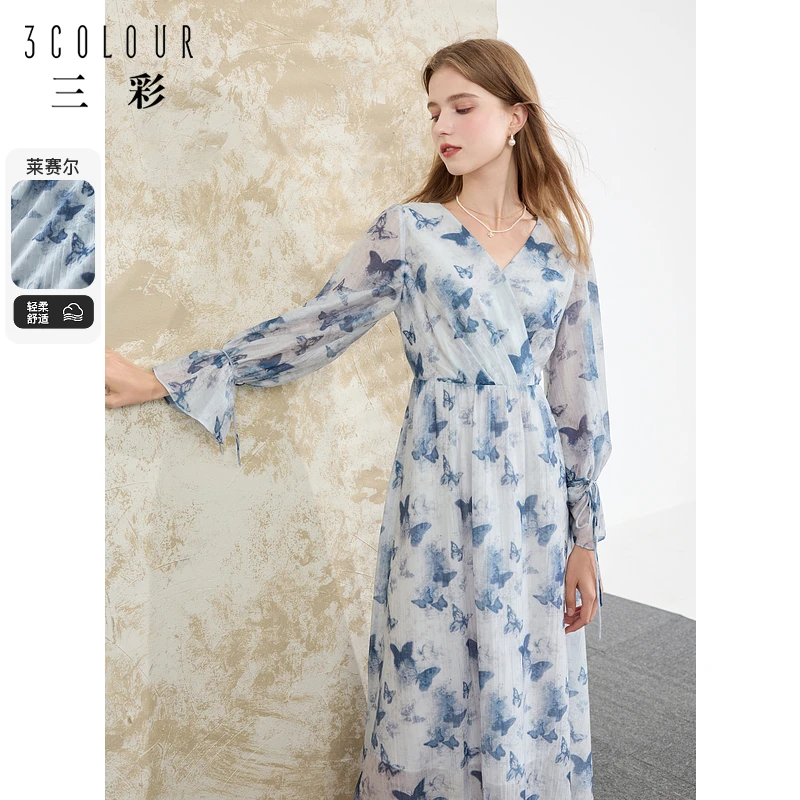 三彩2024秋季新款法式优雅蝴蝶晕染印花连衣裙高腰长裙清冷女