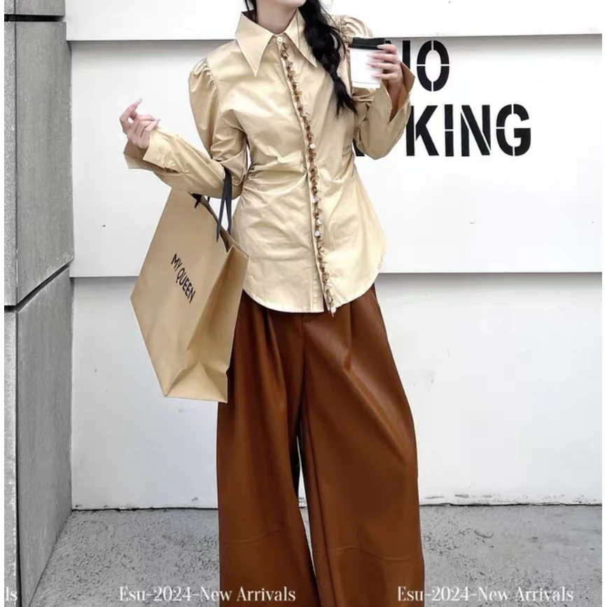 【ESU】秋季小众设计亮片单排扣收腰显瘦衬衫上衣