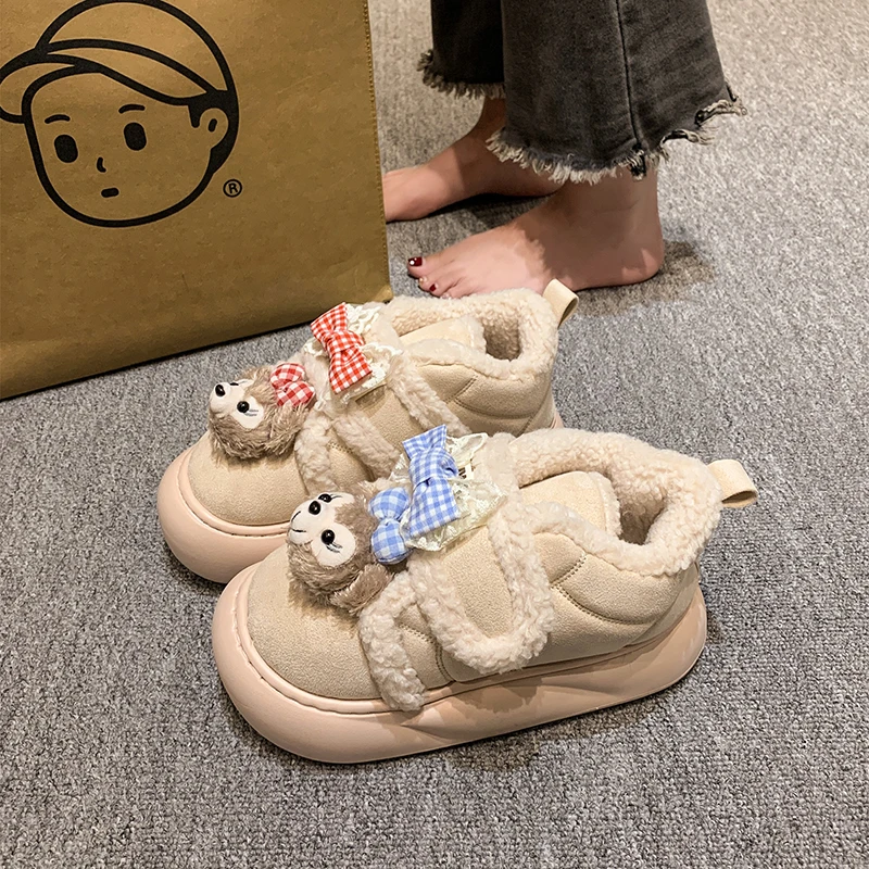 卡通雪莉玫可爱厚底增高毛毛鞋2025秋冬新款防滑耐磨加绒保暖棉鞋