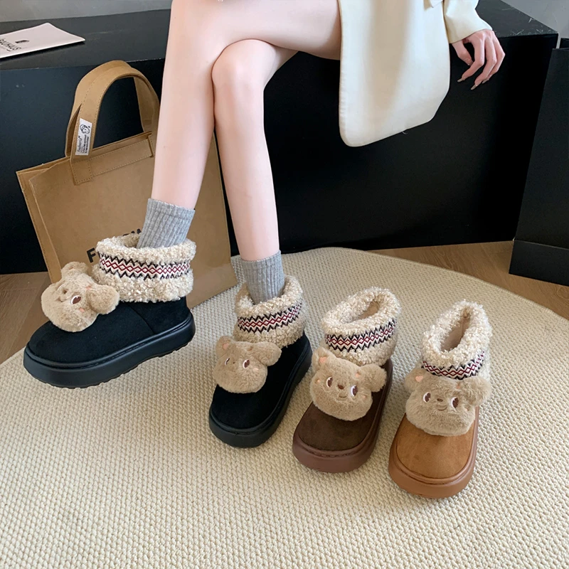 网红可爱卡通小熊女2024年冬季新款加绒加厚舒适一脚蹬保暖雪地靴