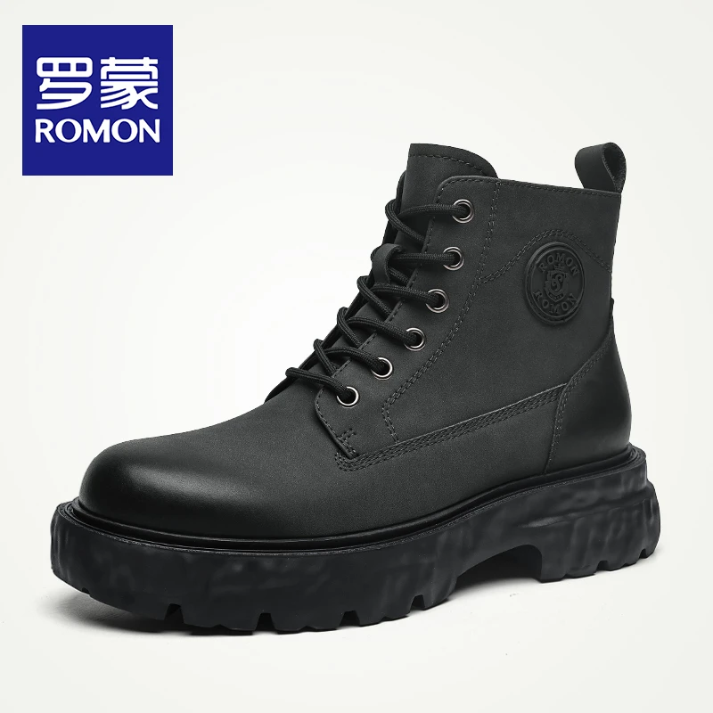 Romon/罗蒙马丁靴男2024新款高帮百搭时尚靴子厚底潮流男靴加绒