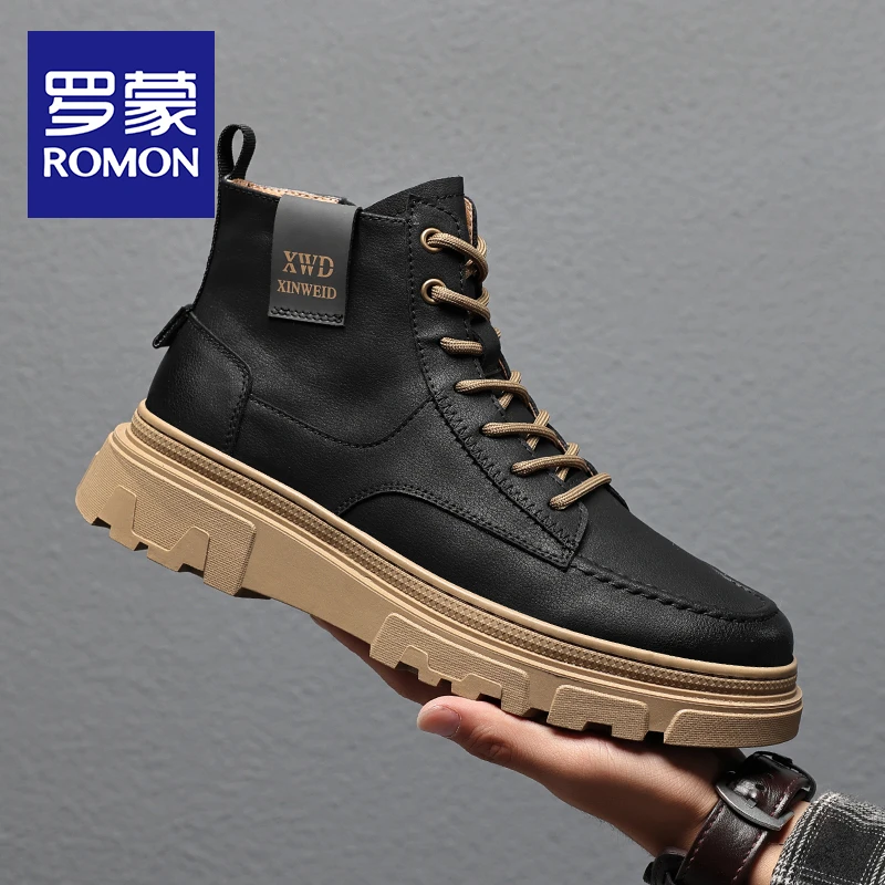 Romon/罗蒙马丁靴男2024秋冬季新款高帮鞋男鞋潮流加绒保暖男靴子
