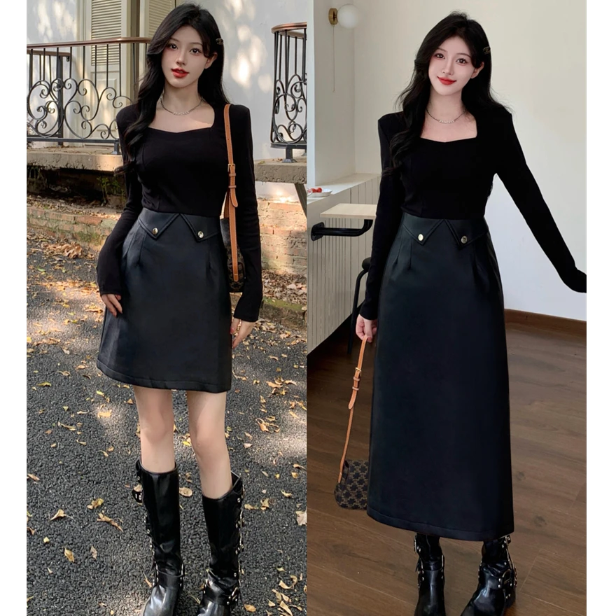 2024大码秋季新款胖MM法式方领假两件拼接皮裙显瘦长袖连衣裙