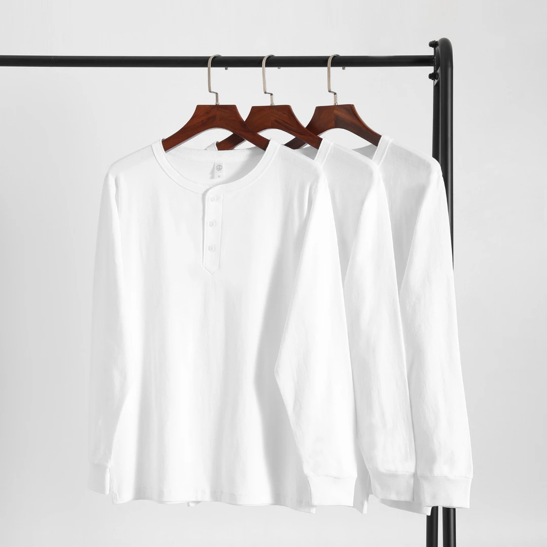250g美式复古重磅亨利衫宽松厚实纯棉圆领长袖t恤男士外穿打底衫