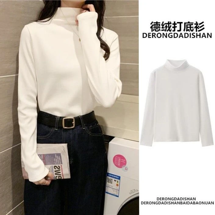 德绒半高领打底衫女2024秋冬白色长袖t恤女加绒加厚百搭洋气上衣