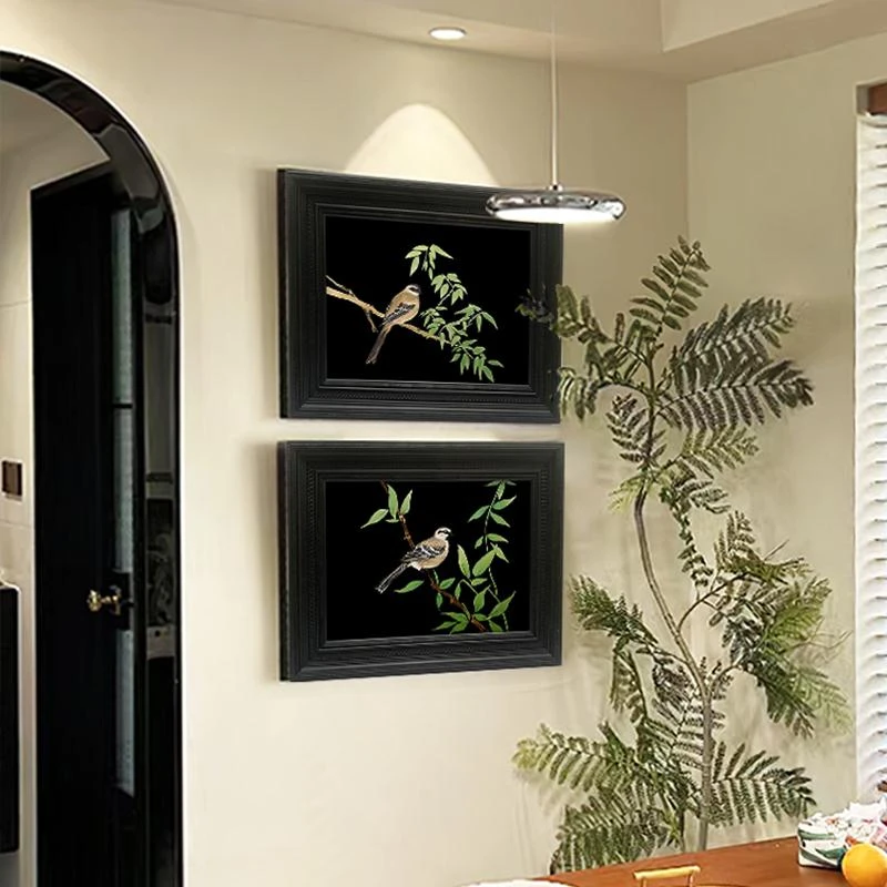 雀上枝头法式中国风玄关柜装饰画花鸟国画新中式客厅餐厅中古挂画