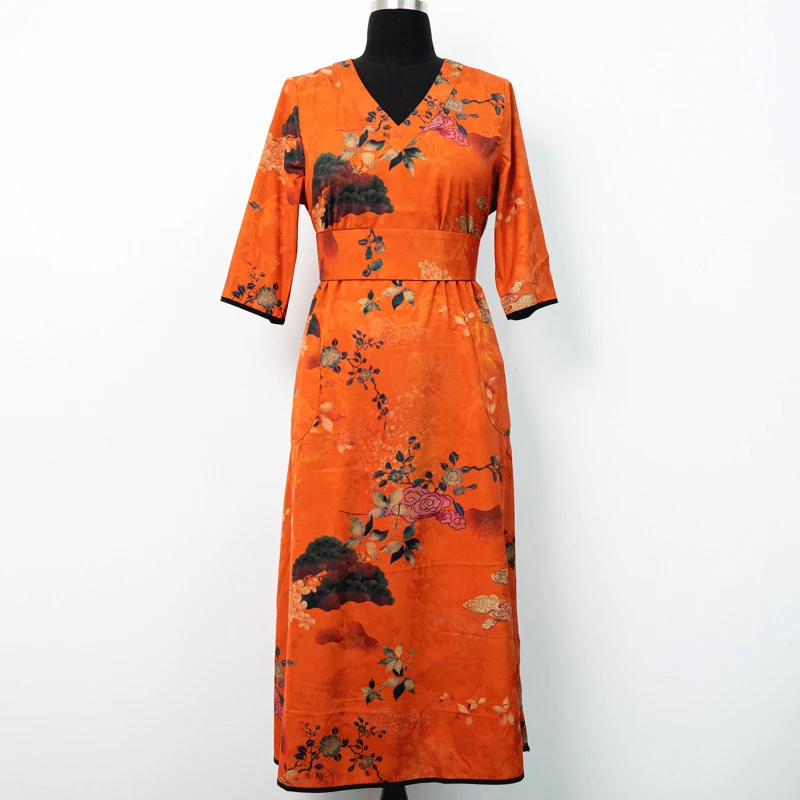 2025新款双面穿宽松显瘦红云纱活力橙花萝连衣裙169