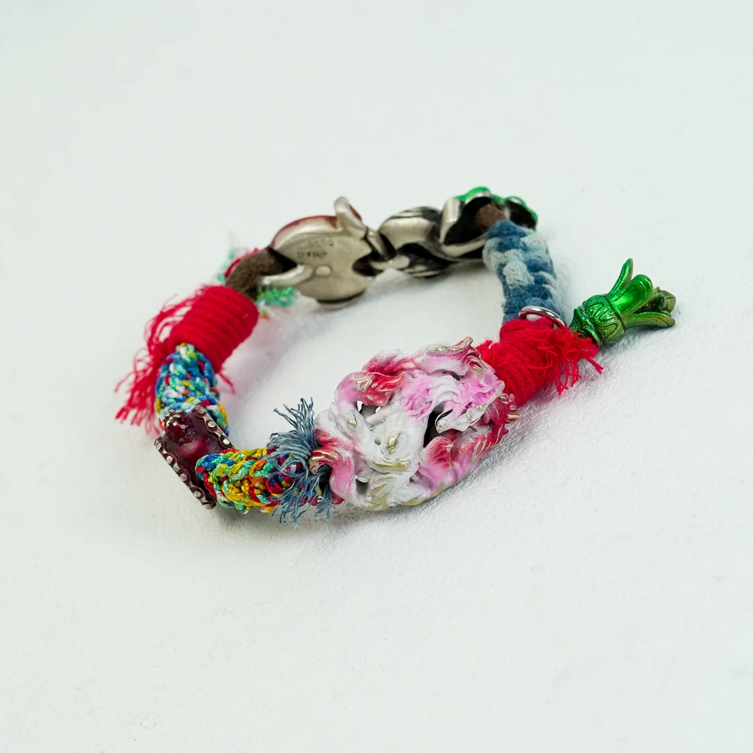 显若 925银布艺手链 九尾铃铛铜仙鹤战鼓银原创手工编织手链时尚