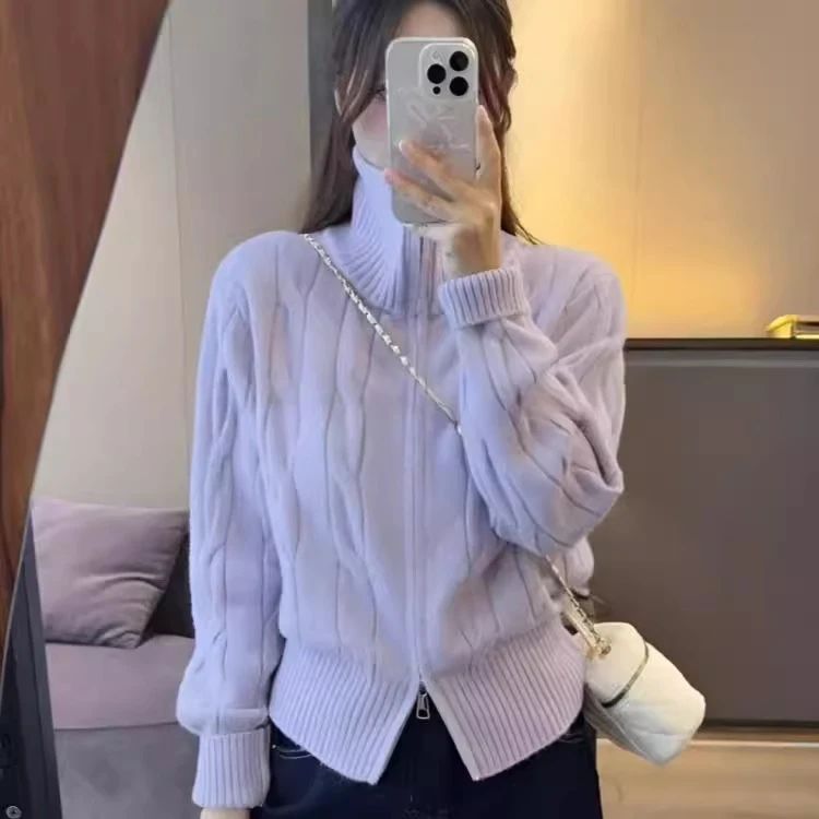 高领双拉链毛衣外套女2024新款秋冬宽松设计感洋气长袖针织衫001