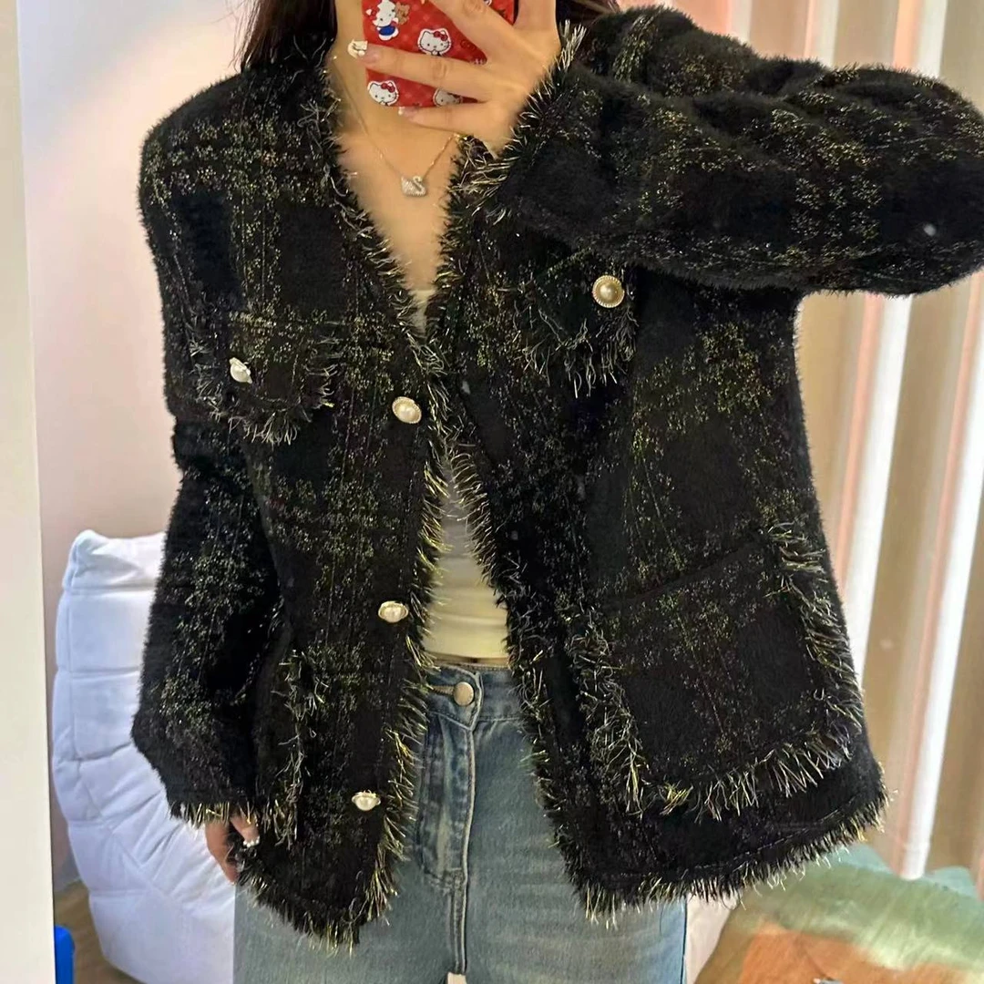 2165-DY1法式高级感小香风网红外套女百搭V领长袖针织开衫上衣