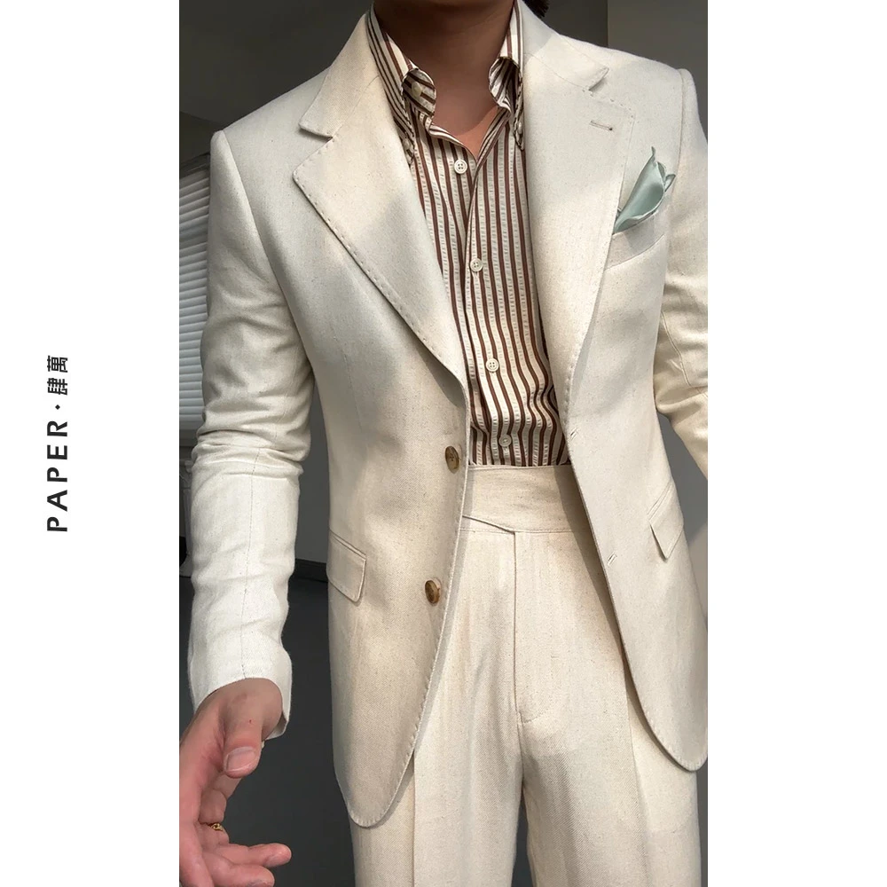 时尚气质仿亚麻半里衬单排西装休闲绅装高级感西服套装那不勒斯男