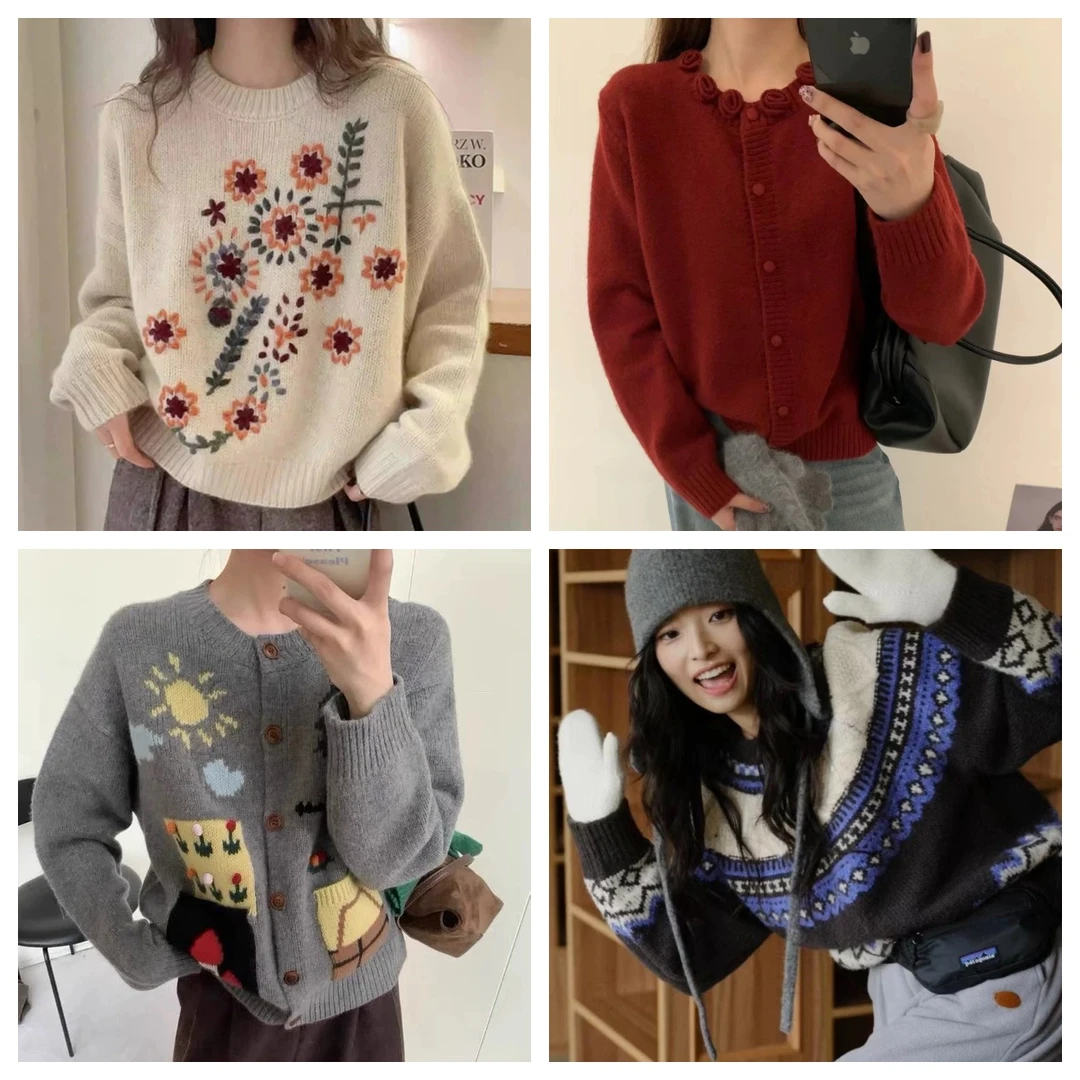 混色系 2024冬网红慵懒风韩版宽松百搭针织上衣女毛衣加厚羊毛衫
