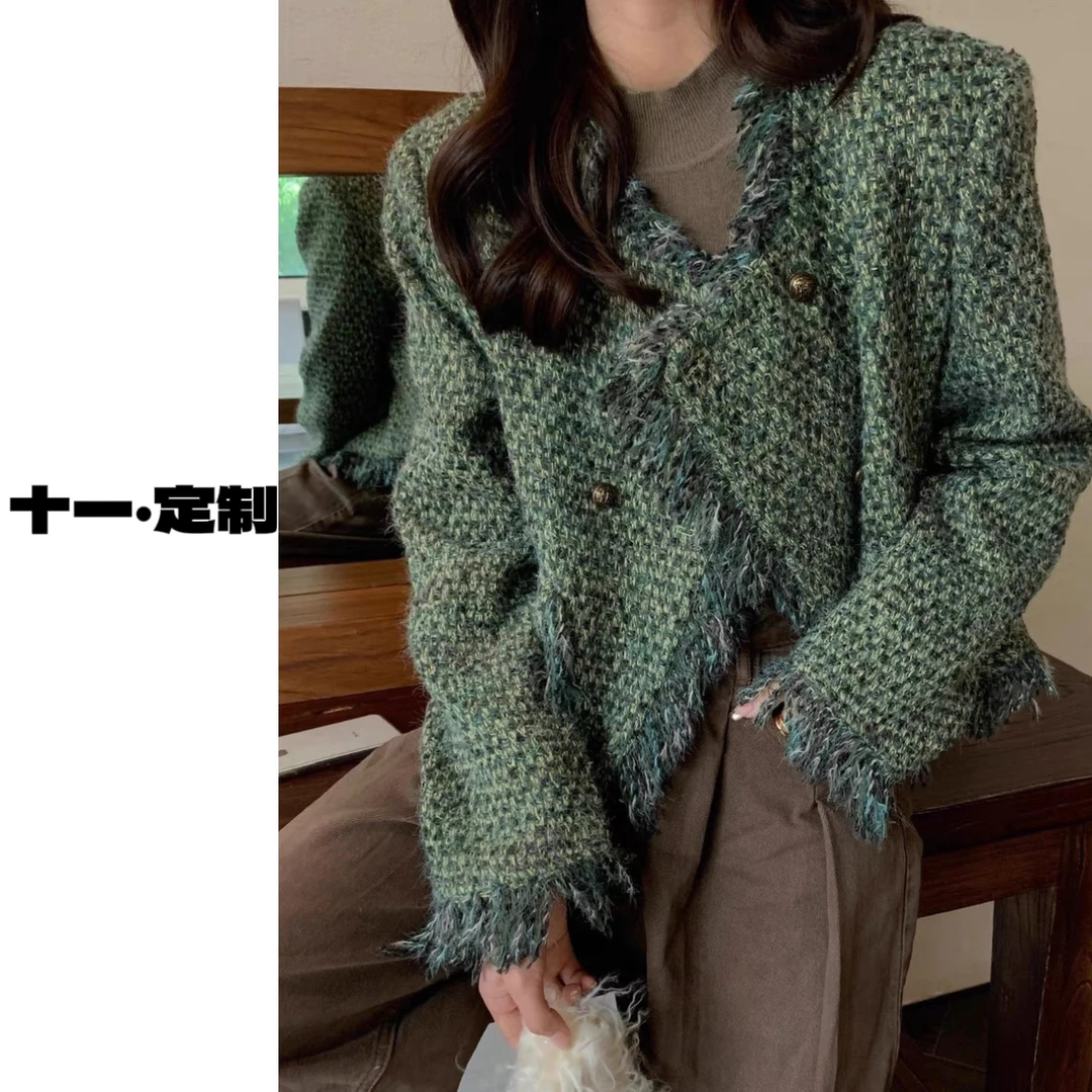 【90白鸭绒】秋冬2023年新款韩版百搭双排扣流苏边气质小香风外套女